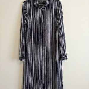 Long Tall Sally Black Blue White Button Up Striped Long Sleeve Dress Size 14 #53
